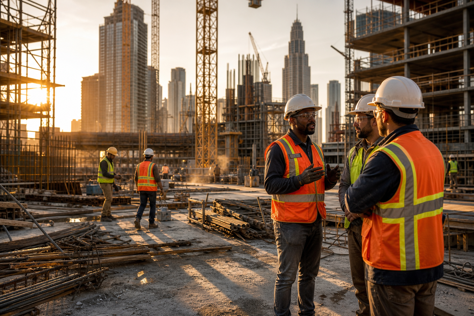 Construction Site with Cranes and Concrete Structures